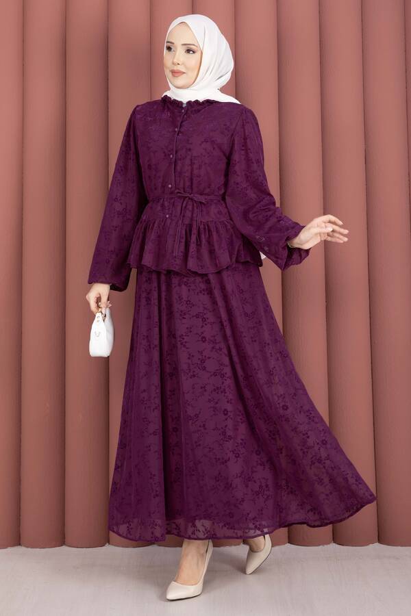 Svs - Flok Baskılı Yaka Fırfır Detaylı İçi Astarlı Etek Takım Mürdüm