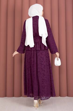 Flok Baskılı Yaka Fırfır Detaylı İçi Astarlı Etek Takım Mürdüm - Thumbnail