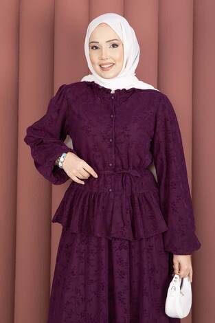 Flok Baskılı Yaka Fırfır Detaylı İçi Astarlı Etek Takım Mürdüm - Thumbnail