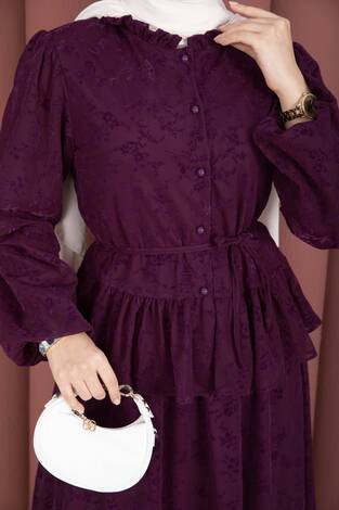 Flok Baskılı Yaka Fırfır Detaylı İçi Astarlı Etek Takım Mürdüm - Thumbnail