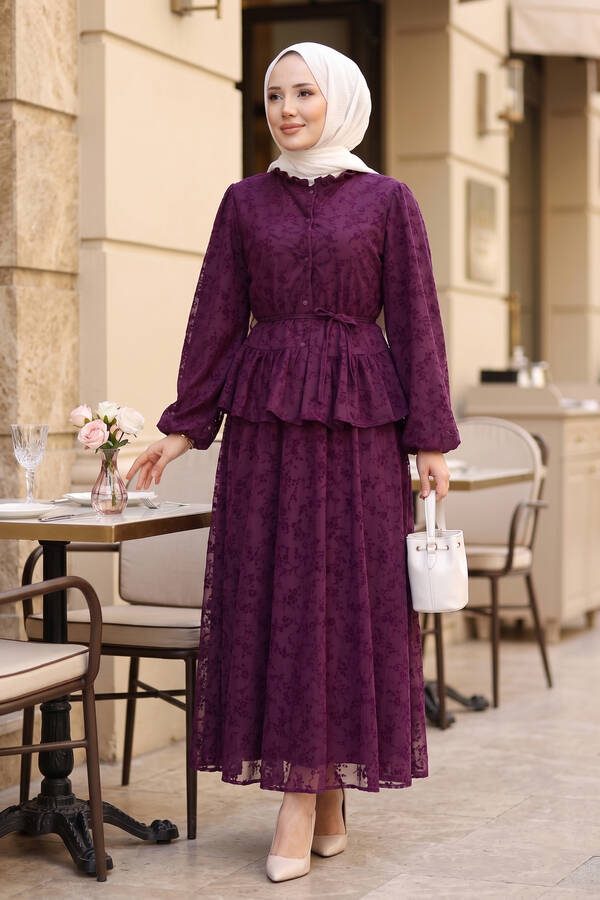 Svs - Flok Baskılı Yaka Fırfır Detaylı İçi Astarlı Etek Takım Mürdüm