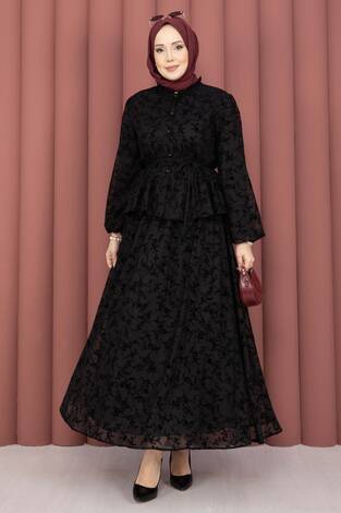 Flok Baskılı Yaka Fırfır Detaylı İçi Astarlı Etek Takım Siyah - Thumbnail