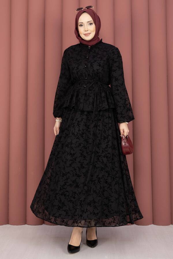 Svs - Flok Baskılı Yaka Fırfır Detaylı İçi Astarlı Etek Takım Siyah