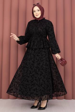 Flok Baskılı Yaka Fırfır Detaylı İçi Astarlı Etek Takım Siyah - Thumbnail