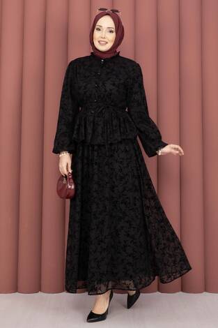 Flok Baskılı Yaka Fırfır Detaylı İçi Astarlı Etek Takım Siyah - Thumbnail