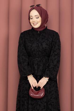 Flok Baskılı Yaka Fırfır Detaylı İçi Astarlı Etek Takım Siyah - Thumbnail