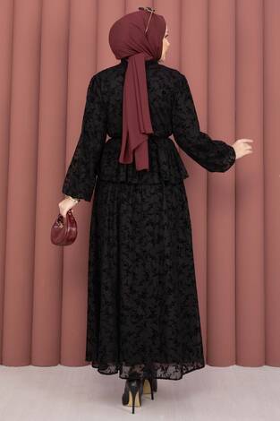 Flok Baskılı Yaka Fırfır Detaylı İçi Astarlı Etek Takım Siyah - Thumbnail