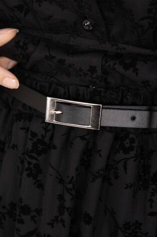 Flok Baskılı Yaka Fırfır Detaylı İçi Astarlı Etek Takım Siyah - Thumbnail