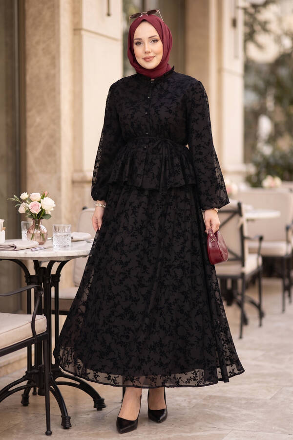 Svs - Flok Baskılı Yaka Fırfır Detaylı İçi Astarlı Etek Takım Siyah