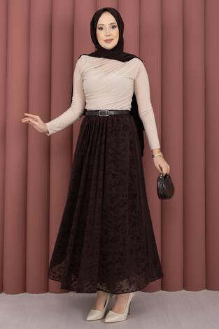 Flok Desen Kemerli Tül Etek Kahve - Thumbnail