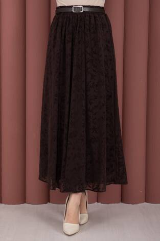 Flok Desen Kemerli Tül Etek Kahve - Thumbnail