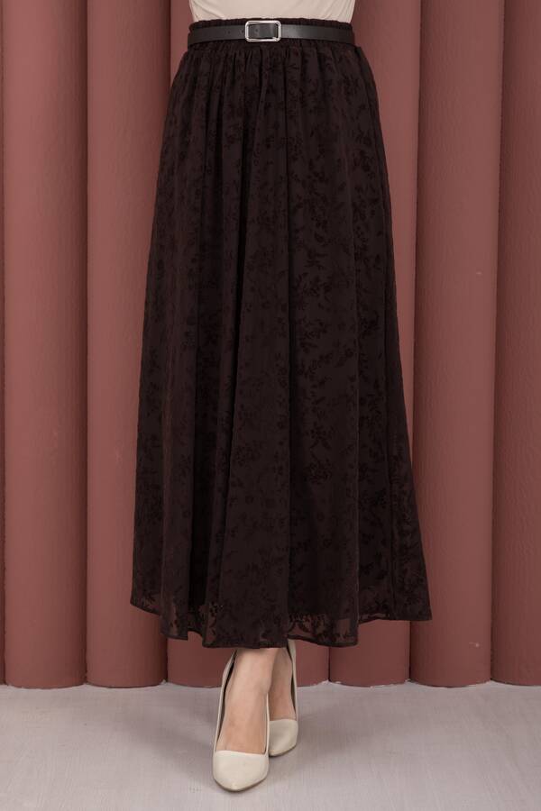 Kç - Flok Desen Kemerli Tül Etek Kahve (1)