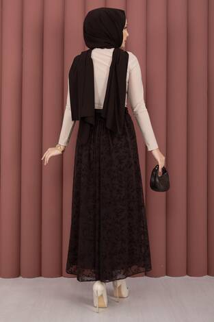 Flok Desen Kemerli Tül Etek Kahve - Thumbnail