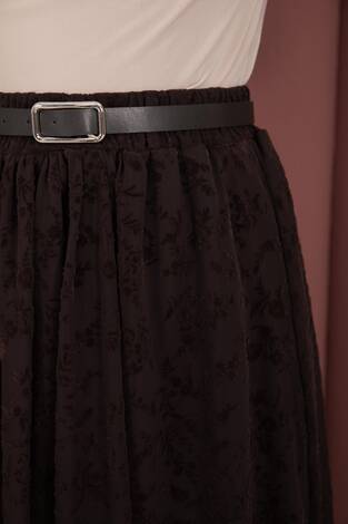 Flok Desen Kemerli Tül Etek Kahve - Thumbnail