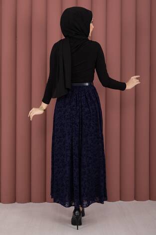 Flok Desen Kemerli Tül Etek Lacivert - Thumbnail