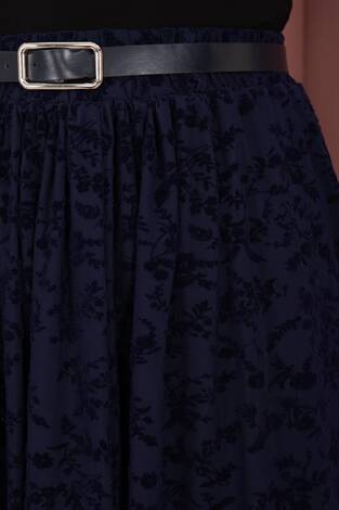 Flok Desen Kemerli Tül Etek Lacivert - Thumbnail