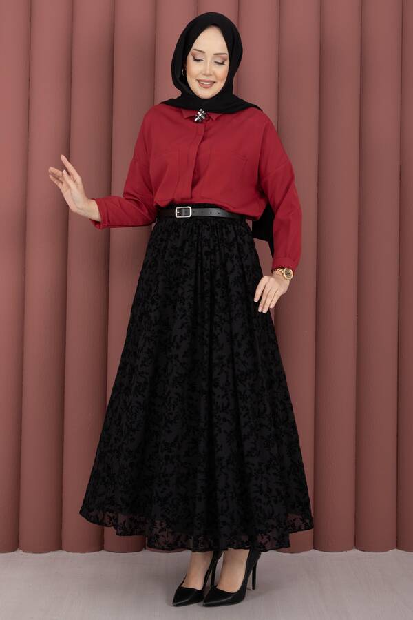 Kç - Flok Desen Kemerli Tül Etek Siyah