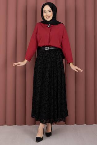 Flok Desen Kemerli Tül Etek Siyah - Thumbnail