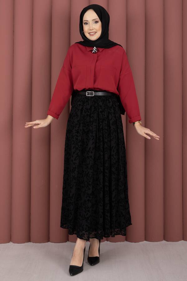 Kç - Flok Desen Kemerli Tül Etek Siyah (1)