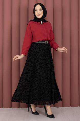 Flok Desen Kemerli Tül Etek Siyah - Thumbnail