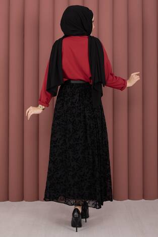 Flok Desen Kemerli Tül Etek Siyah - Thumbnail