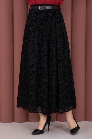 Flok Desen Kemerli Tül Etek Siyah - Thumbnail