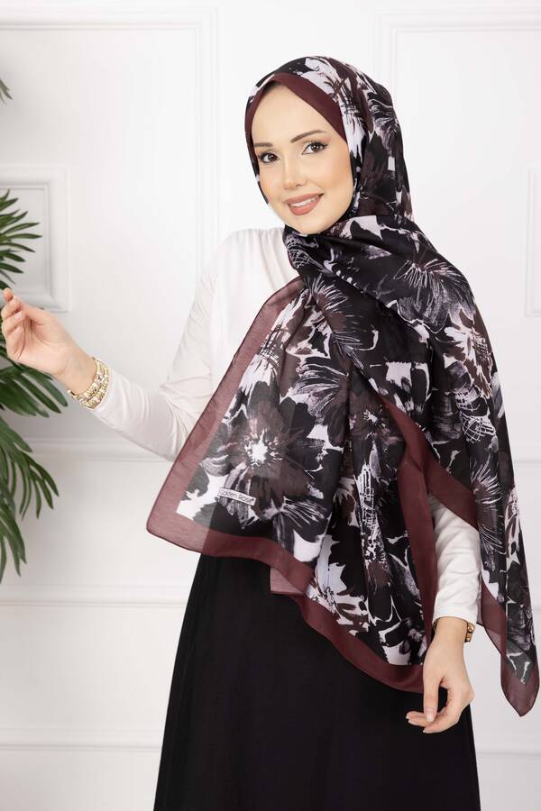 Ecn - Floral Çiçek Desenli Şal Serisi Bordo (1)