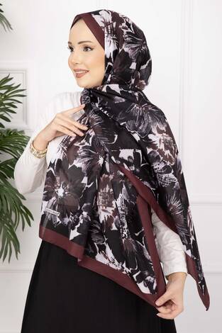 Floral Çiçek Desenli Şal Serisi Bordo - Thumbnail