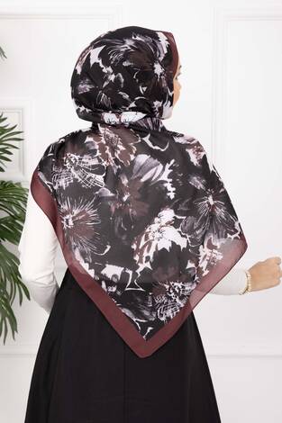 Floral Çiçek Desenli Şal Serisi Bordo - Thumbnail