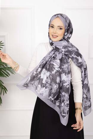 Floral Çiçek Desenli Şal Serisi Gri - Thumbnail