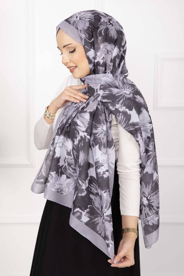 Ecn - Floral Çiçek Desenli Şal Serisi Gri