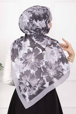 Floral Çiçek Desenli Şal Serisi Gri - Thumbnail