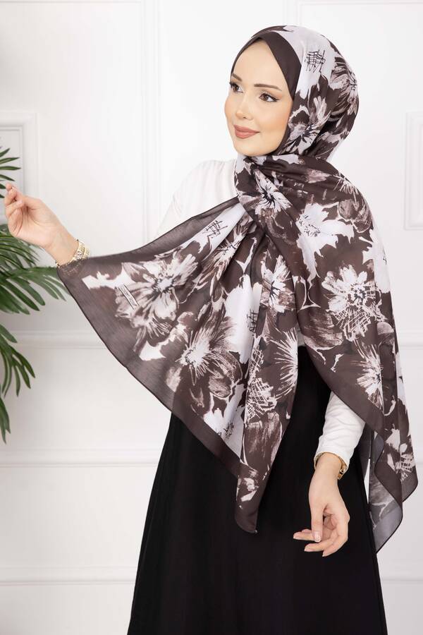 Ecn - Floral Çiçek Desenli Şal Serisi Kahve