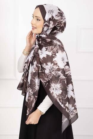 Floral Çiçek Desenli Şal Serisi Kahve - Thumbnail