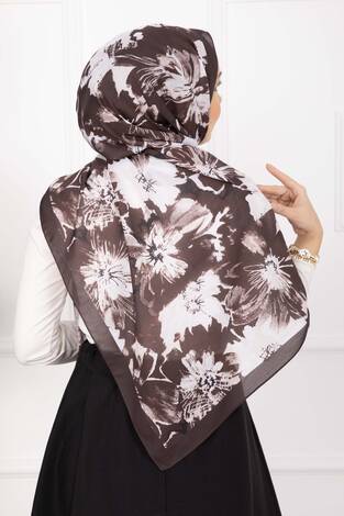Floral Çiçek Desenli Şal Serisi Kahve - Thumbnail