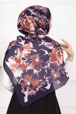 Floral Çiçek Desenli Şal Serisi Mürdüm - Thumbnail