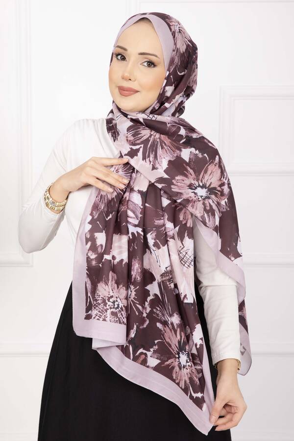 Ecn - Floral Çiçek Desenli Şal Serisi Pudra Bordo (1)