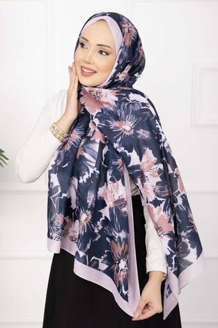Floral Çiçek Desenli Şal Serisi Pudra Lacivert - Thumbnail