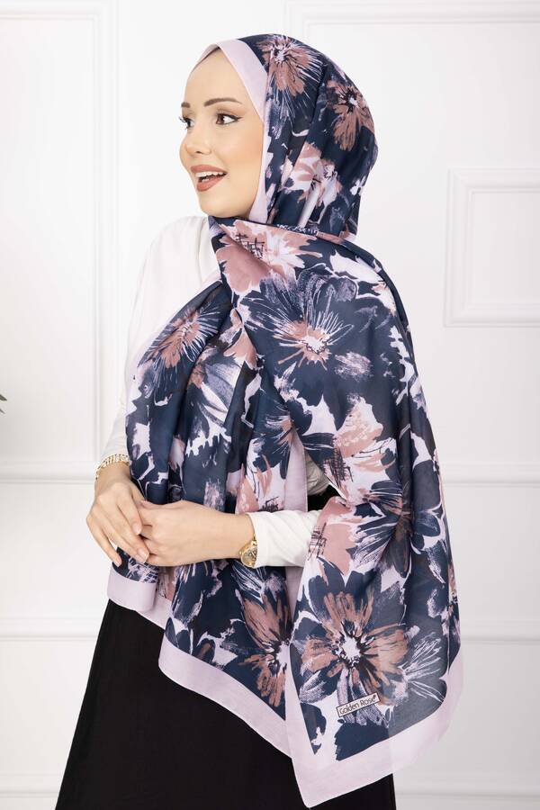 Ecn - Floral Çiçek Desenli Şal Serisi Pudra Lacivert (1)