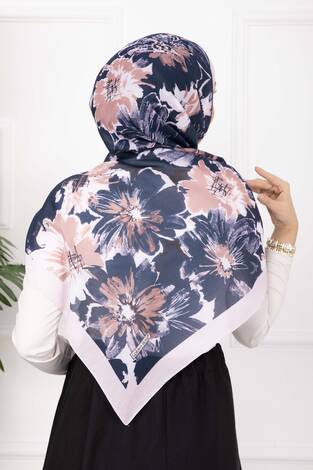 Floral Çiçek Desenli Şal Serisi Pudra Lacivert - Thumbnail