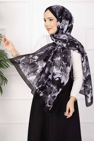 Floral Çiçek Desenli Şal Serisi Siyah - Thumbnail