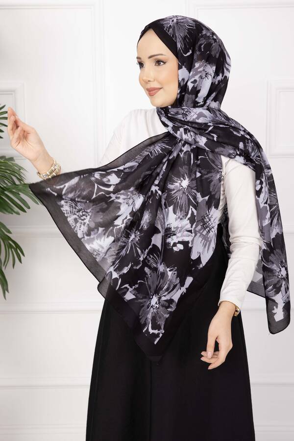 Ecn - Floral Çiçek Desenli Şal Serisi Siyah
