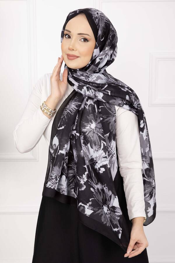 Ecn - Floral Çiçek Desenli Şal Serisi Siyah (1)