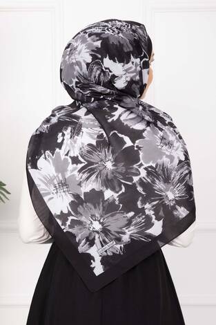 Floral Çiçek Desenli Şal Serisi Siyah - Thumbnail