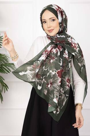 Floral Çiçek Desenli Şal Serisi Zümrüt - Thumbnail