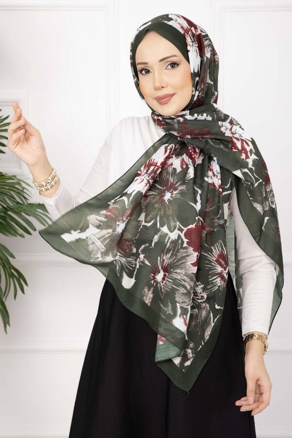 Ecn - Floral Çiçek Desenli Şal Serisi Zümrüt (1)