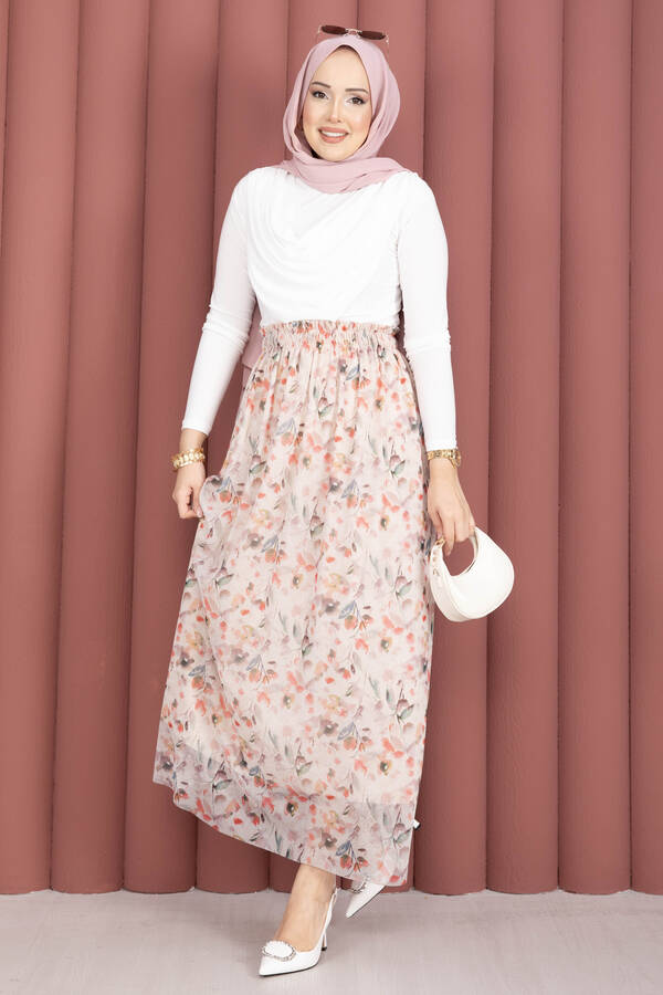 Floral Desenli Beli Lastikli Şifon Tül Etek Krem - 4