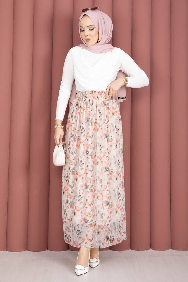 Floral Desenli Beli Lastikli Şifon Tül Etek Krem - 3