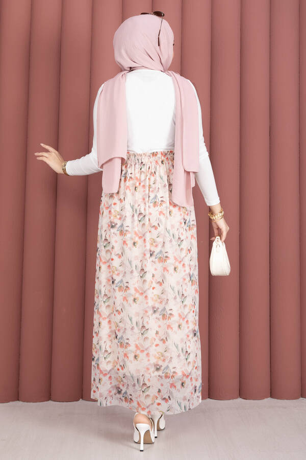 Floral Desenli Beli Lastikli Şifon Tül Etek Krem - 5