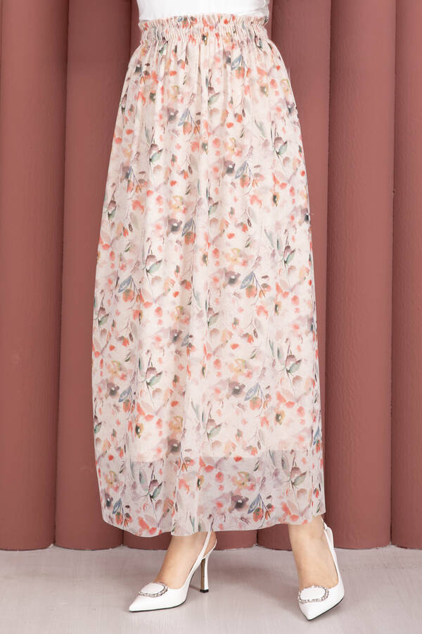 Mds - Floral Desenli Beli Lastikli Şifon Tül Etek Krem (1)